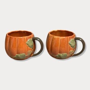 Set Lot 2 Rare Starbucks 2009 Fall Pumpkin Shaped Vine Handle Coffee Tea Cup Mug